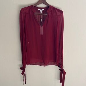Derek Lam 10 Crosby Sheer Burgundy Blouse with Tie Cuffs